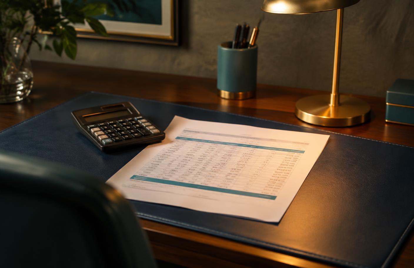A calculator and a printed spreadsheet on a desk