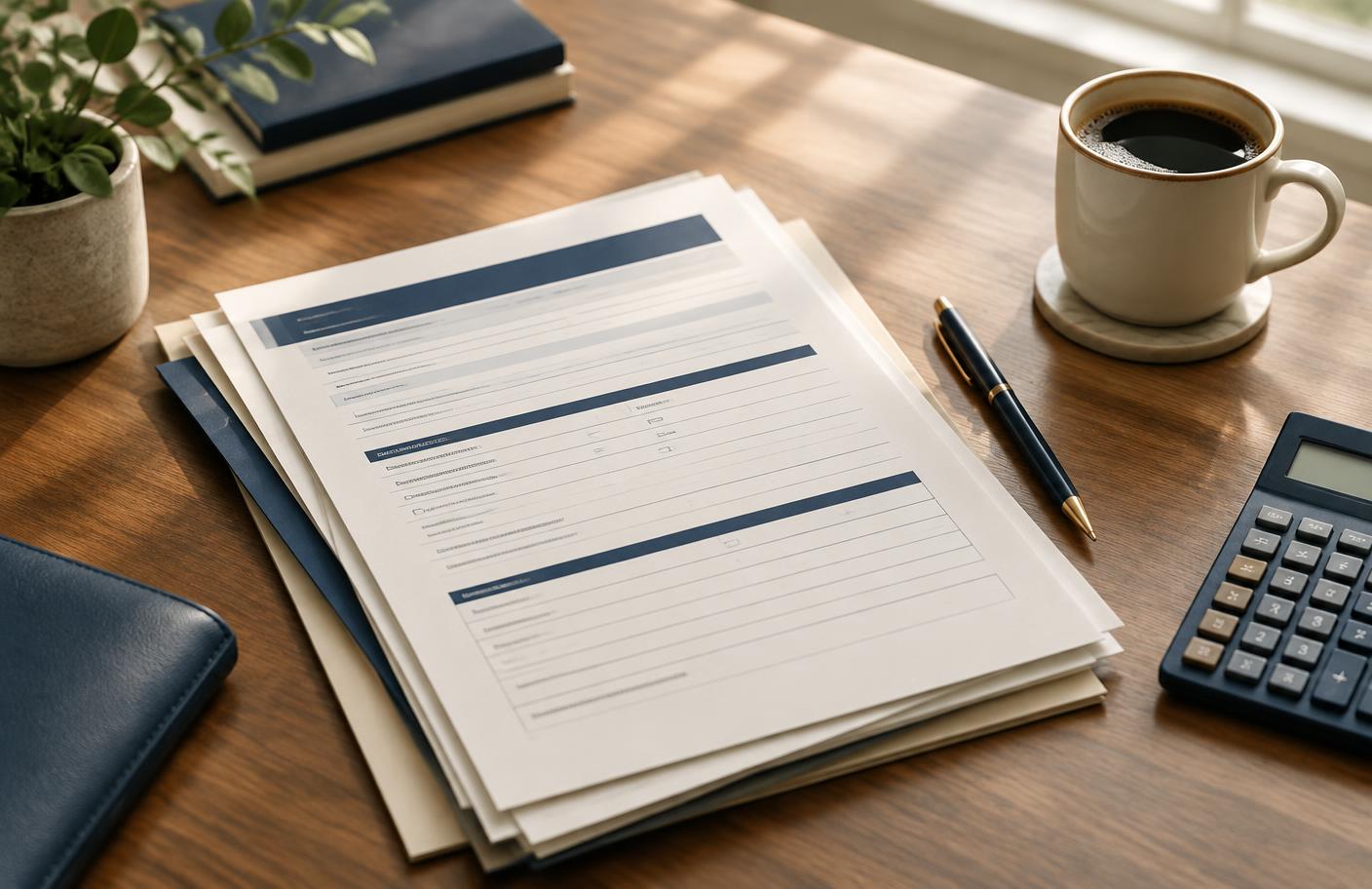 Printed registration forms, a pen and a calculator on a wooden desk