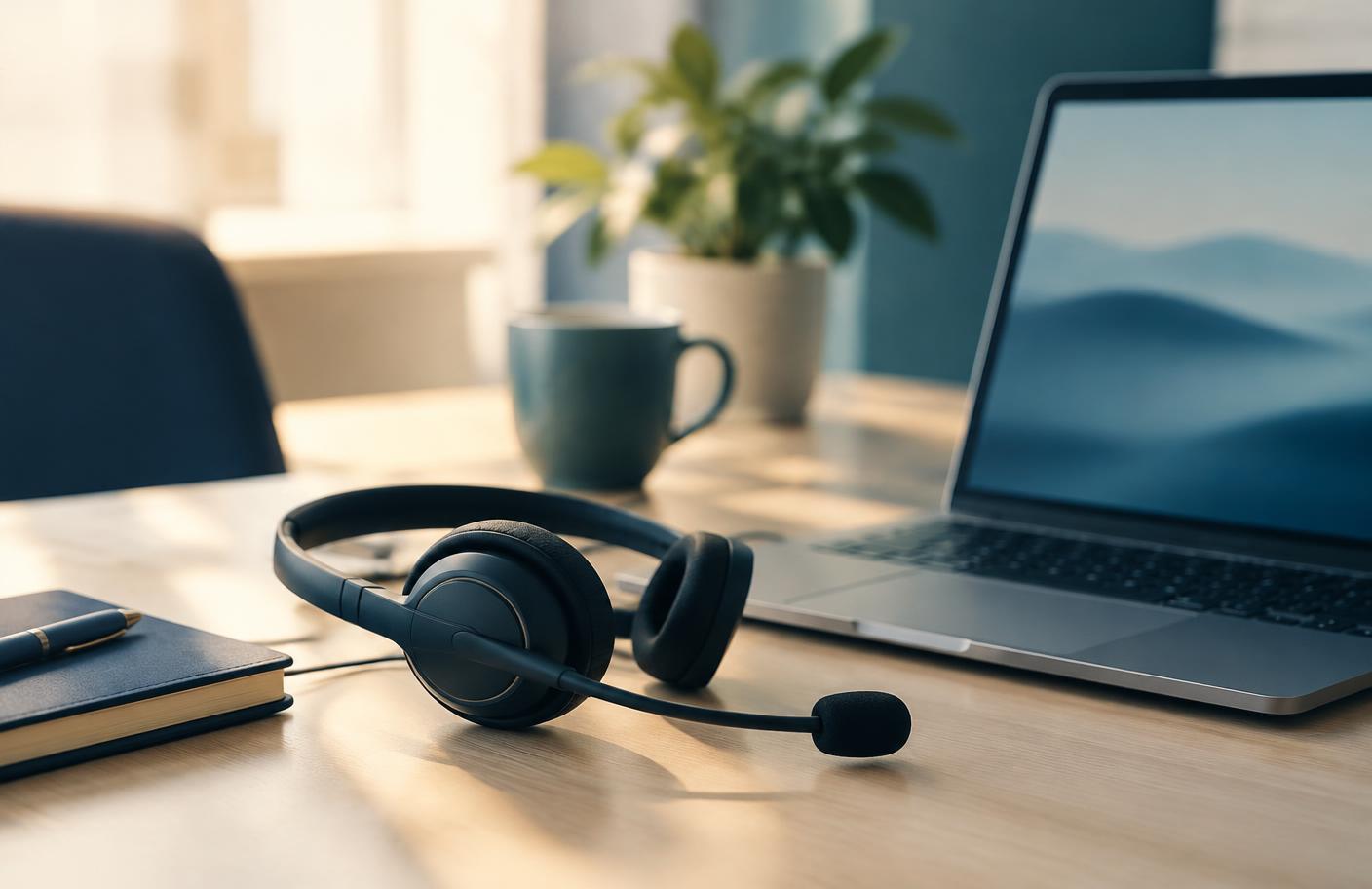 A headset and laptop on an office desk